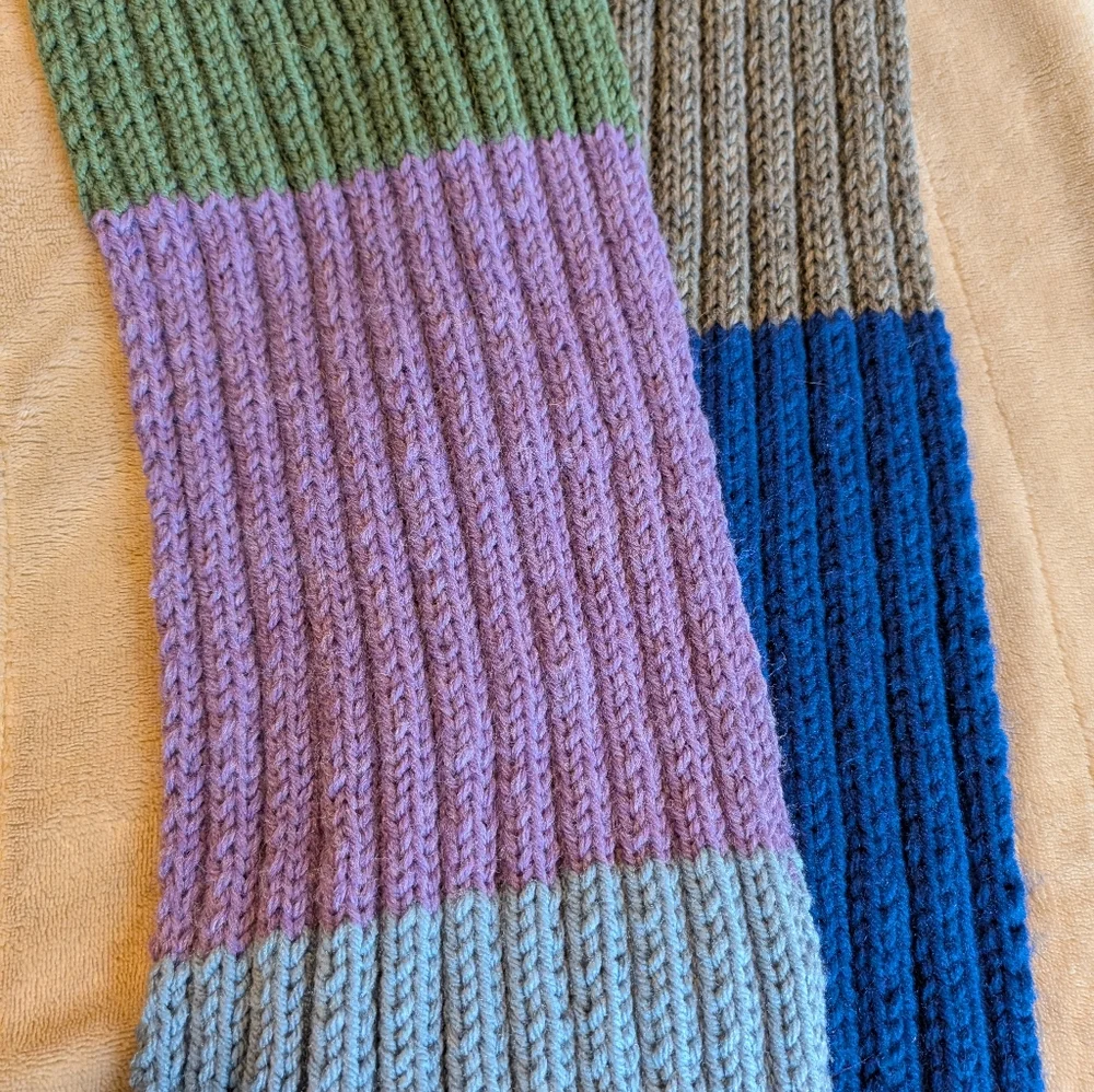 Hand Knit Ribbed Dr. Who Style Color Block Scarf With Fringe